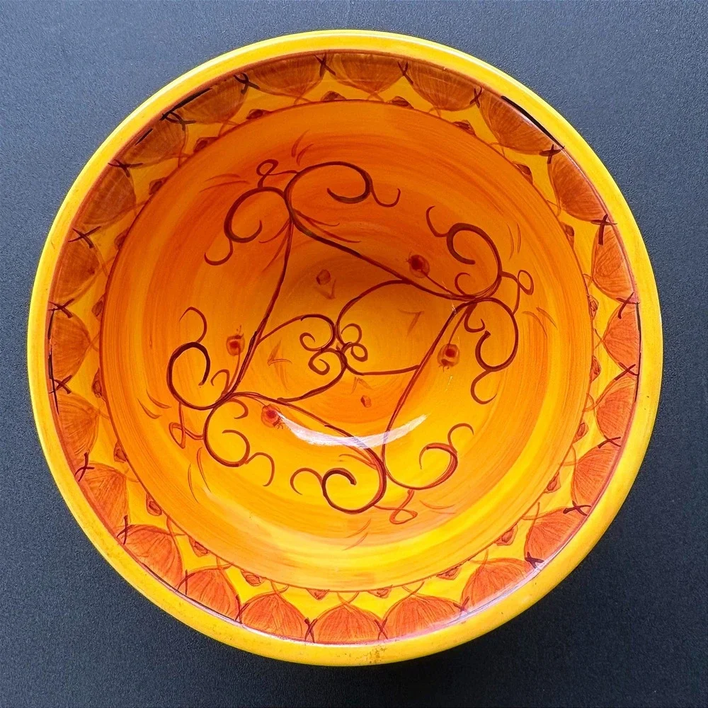 Pier 1 Karistan Hand Painted Earthenware Bowl Orange Yellow Red Berry Vine